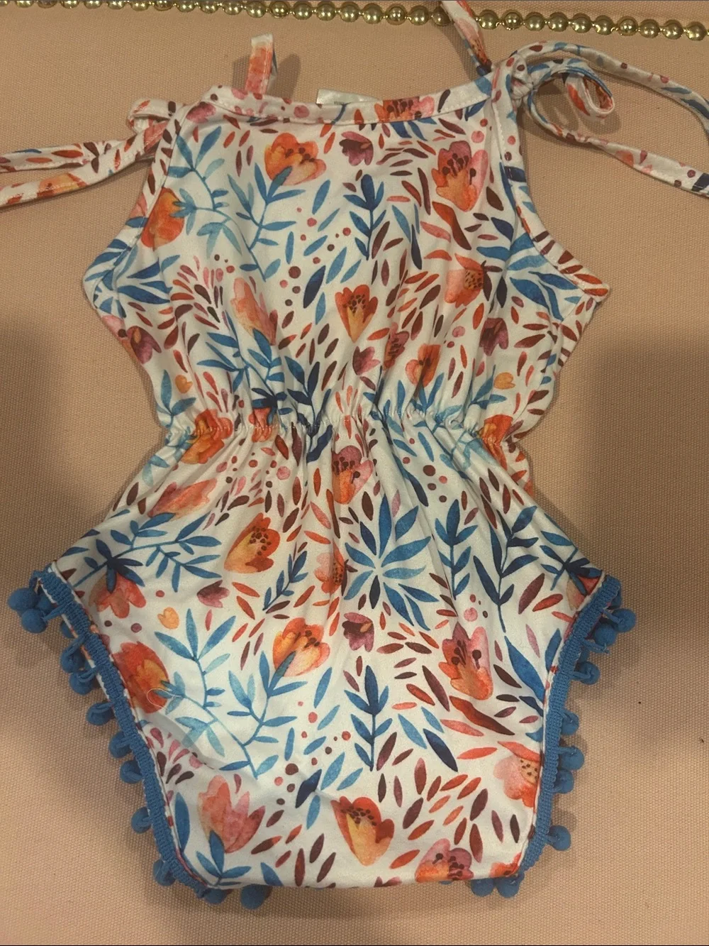 Baby Girls Floral Pom Trim Romper - White, Blue & Coral